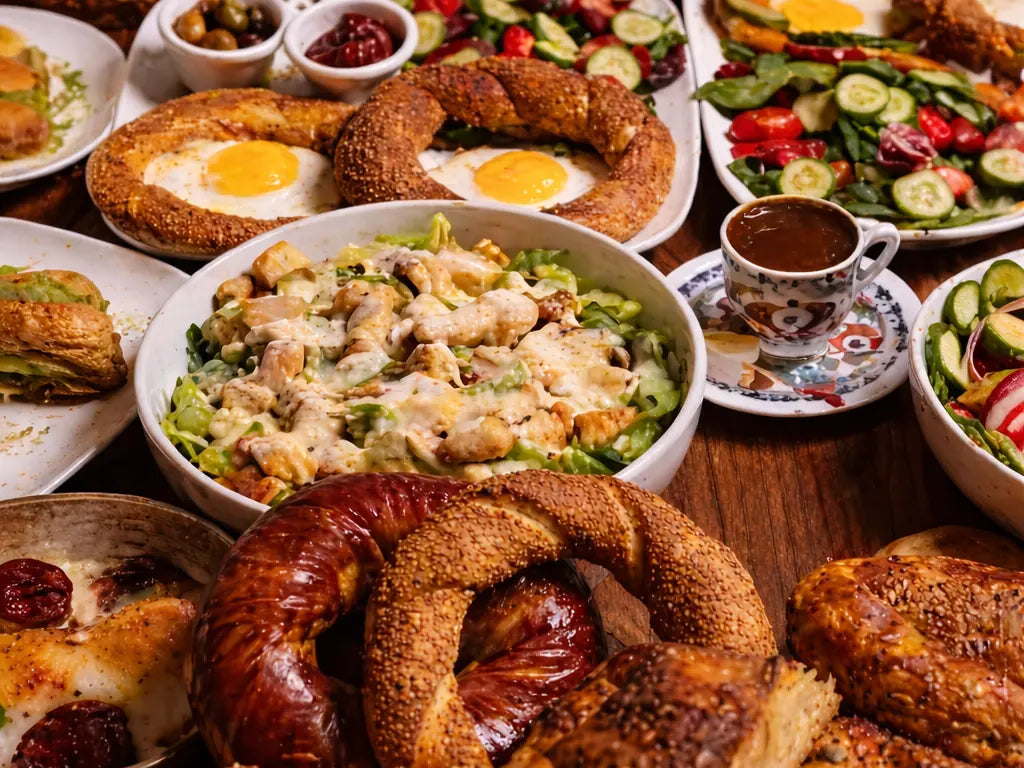 Turkish breakfast table with simit, eggs, salads and tea from Simit Kitsilano