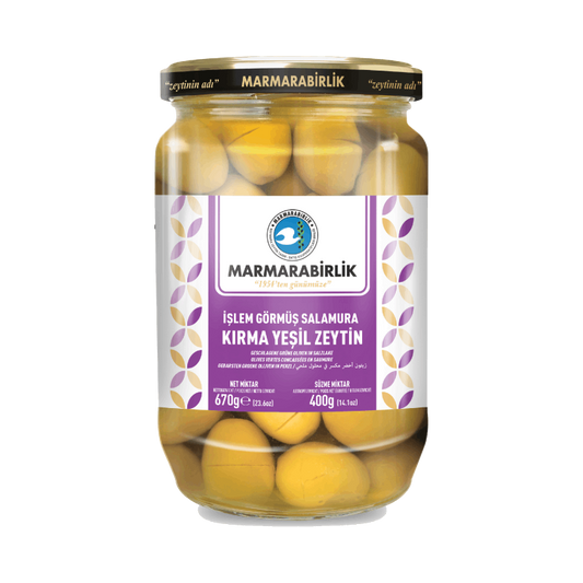 MARMARABIRLIK Kirma 3XL Cracked Green Olives Jar 400g | Yeşil Zeytin 3XL