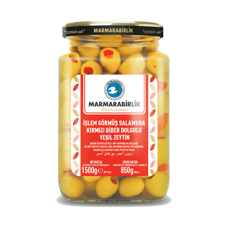 MARMARABIRLIK Pepper Stuffed Green Olives 4XL Jar 850g | Yeşil Zeytin 4XL
